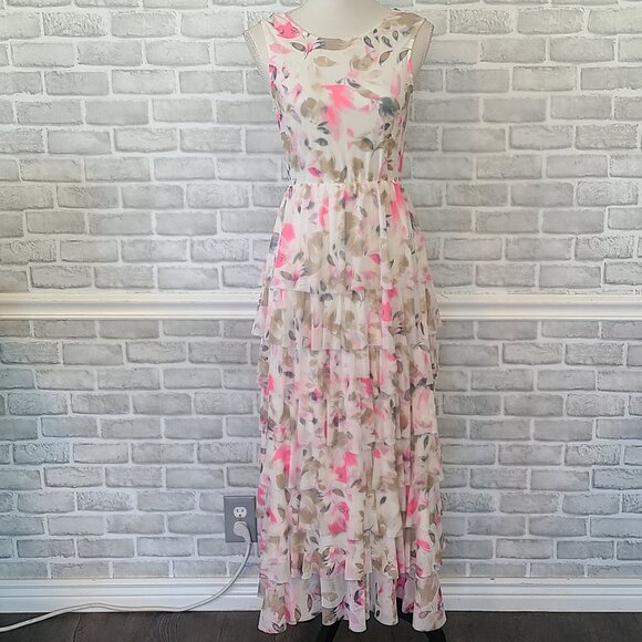 Vince Camuto Pink Floral Chiffon Cowl Neck Maxi Dress XS Low Back Romantic NEW - Picture 1 of 9
